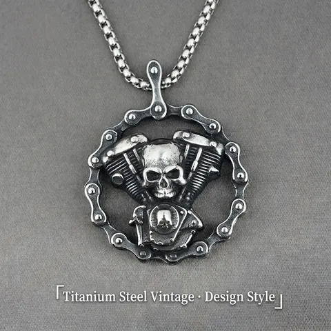 Vintage Punk Schedel V-Twin Motor Motorfiets Ketting Hanger Ketting Heren Verouderd Titanium Staal Biker Sieraden Cadeau