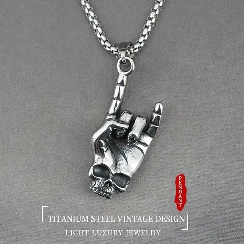 Titanium Steel Rock On Gesture Skull Pendant Necklace Vintage Punk Gothic Style Jewelry For Men Women Daily Party Accessory