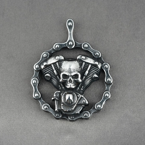 Vintage Punk Schedel V-Twin Motor Motorfiets Ketting Hanger Ketting Heren Verouderd Titanium Staal Biker Sieraden Cadeau