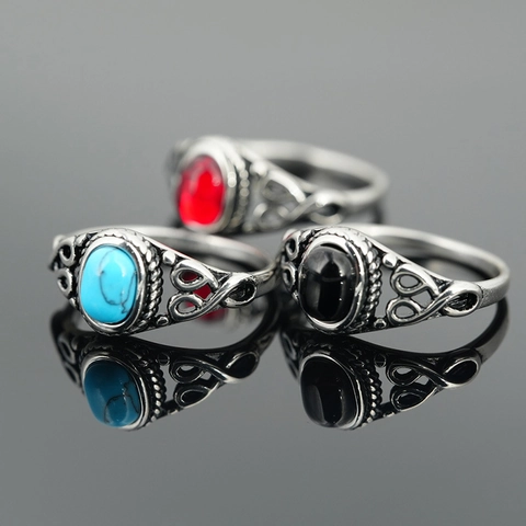 Vintage Titanium Steel Gemstone Ring For Men Women Retro Bohemian Turquoise Red Black Synthetic Ruby Inlaid Band Ring Jewelry