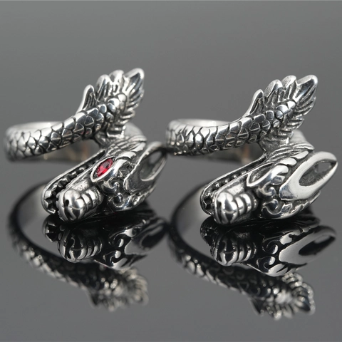 Anello Vintage a Testa di Drago in Acciaio Inossidabile Punk Hip Hop Scolpito per Uomo Donna Gioielli Gothic Con Occhi Rossi Neri