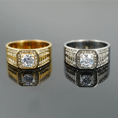 Bague de Luxe en Acier Inoxydable Strass pour Hommes Femmes Pierre Centrale Ronde Bande Pavée Carrée Hip Hop Bijoux de Mode