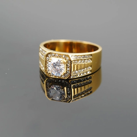 Bague de Luxe en Acier Inoxydable Strass pour Hommes Femmes Pierre Centrale Ronde Bande Pavée Carrée Hip Hop Bijoux de Mode