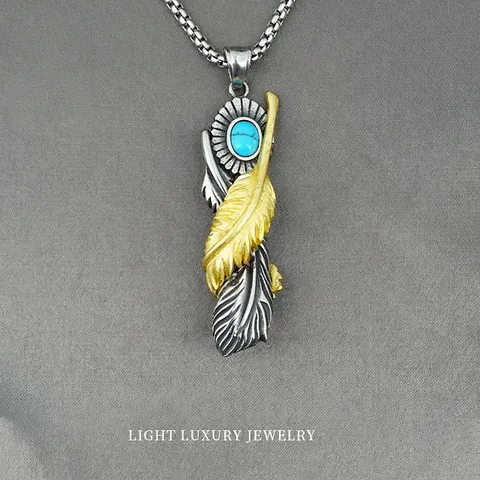 Collar de Colgante de Doble Pluma de Acero Inoxidable Retro Con Turquesa Artificial Joyería de Estilo Tribal Indio Étnico para Hombres Mujeres