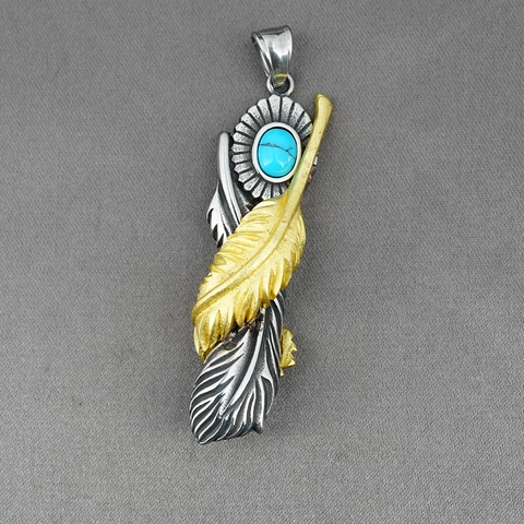 Collar de Colgante de Doble Pluma de Acero Inoxidable Retro Con Turquesa Artificial Joyería de Estilo Tribal Indio Étnico para Hombres Mujeres