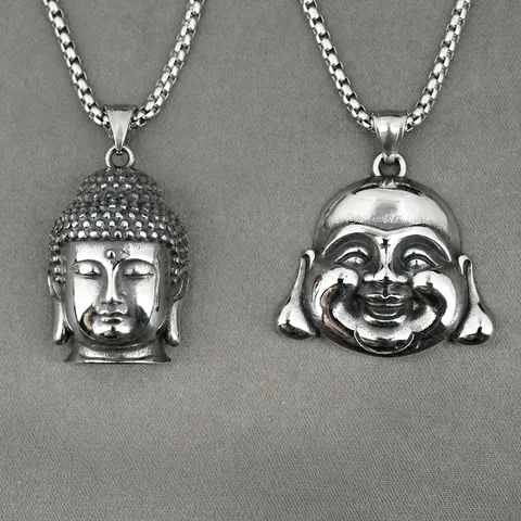 Retro Stainless Steel Buddha Head Pendant Necklace Religious Maitreya Smiling Buddha Jewelry For Men Women Vintage Necklace