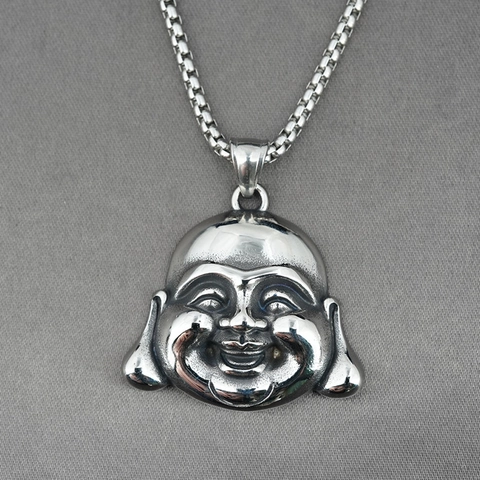 Retro Stainless Steel Buddha Head Pendant Necklace Religious Maitreya Smiling Buddha Jewelry For Men Women Vintage Necklace