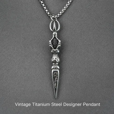 Retro Titanium Steel Vajra Pestle Pendant Necklace For Men Vintage Sanskrit Engraved Amulet Ethnic Religious Jewelry Gift