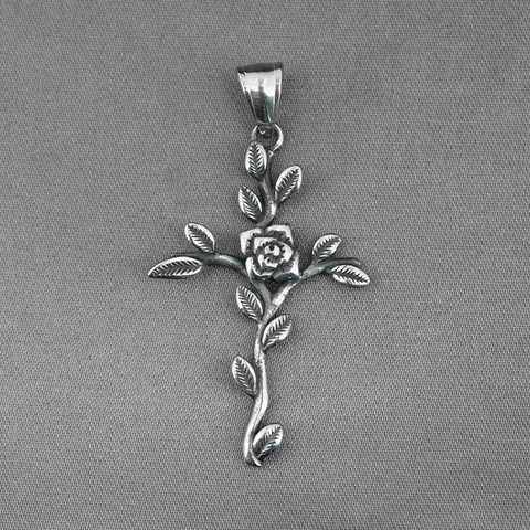 Collier Pendentif Croix Rose Gothique Vintage Acier Titane Vieilli Bijoux Vigne Florale Pour Hommes Femmes Accessoire Neutre