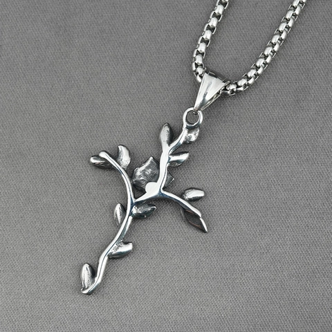 Collier Pendentif Croix Rose Gothique Vintage Acier Titane Vieilli Bijoux Vigne Florale Pour Hommes Femmes Accessoire Neutre