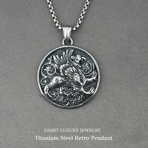 Vintage Stainless Steel Griffin Medallion Necklace Retro Mythical Beast Relief Round Pendant Men Unisex Accessory Jewelry