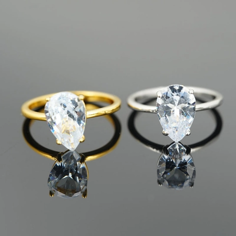 Bague Solitaire en Zircone Taille Poire Minimaliste Vintage Acier au Titane Durable Anneaux de Pierres Précieuses Goutte d'eau Unisex
