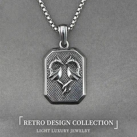 Vintage Titanstahl Doppeldrache Anhänger Halskette Retro Silber Herzform Relief Achteckig Anhänger Gotisch Punk Schmuck