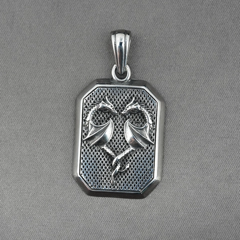 Vintage Titanstahl Doppeldrache Anhänger Halskette Retro Silber Herzform Relief Achteckig Anhänger Gotisch Punk Schmuck
