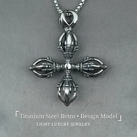 Vintage Stainless Steel Cross Vajra Pendant Necklace For Men Religious Gothic Oxidized Silver Jewelry Accessory For Daily Wear