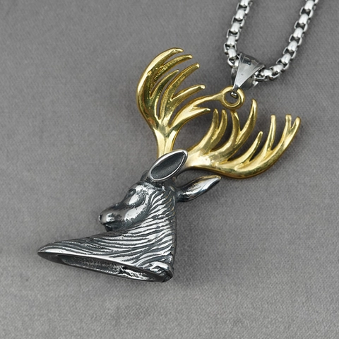 Vintage Titanstahl Hirschkopf Anhänger Halskette Für Herren Vergoldetes Geweih Türkis Eingelegt Punk Tier Schmuck Accessoire