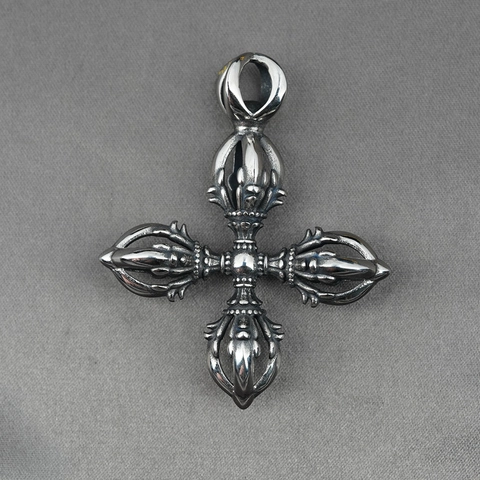 Vintage Stainless Steel Cross Vajra Pendant Necklace For Men Religious Gothic Oxidized Silver Jewelry Accessory For Daily Wear