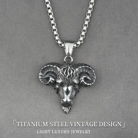 Vintage Punk Gothic Ram Head Pendant Necklace For Men Stainless Steel Antique Silver Horned Goat Head Jewelry Box Chain