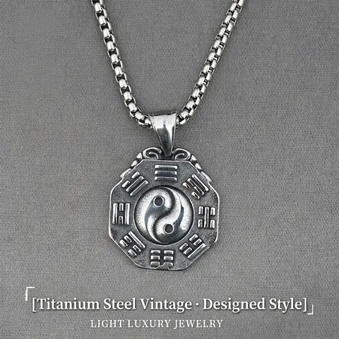 Collana con Pendente Bagua Tai Chi Yin Yang in Acciaio al Titanio Vintage per Uomo Donna Retro Ottagono Punk Etnico Gioielli Regalo