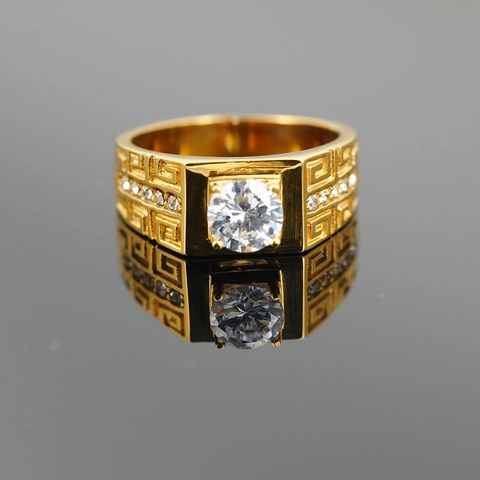 Titanstahl Griechischer Mäander Eingelegter Runder Strass Ring Für Damen Herren Vintage Gold Silber Ehering Schmuck