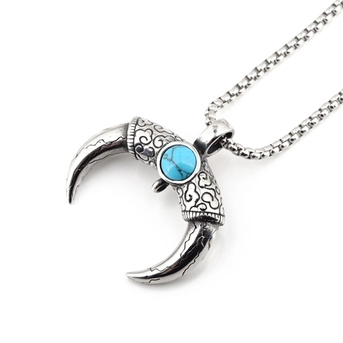 Collier Pendentif Corne Croissant de Lune en Acier au Titane Vintage Argent Antique Turquoise Mauvais Œil Chaîne Box pour Hommes Femmes