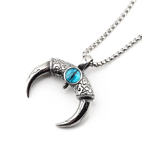 Collier Pendentif Corne Croissant de Lune en Acier au Titane Vintage Argent Antique Turquoise Mauvais Œil Chaîne Box pour Hommes Femmes