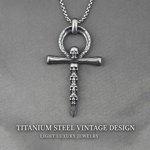 Gothic Skelett Ankh Kreuz Anhänger Halskette Retro Titanstahl Totenkopf Schmuck Für Herren Damen Punk Dark Style Ketten