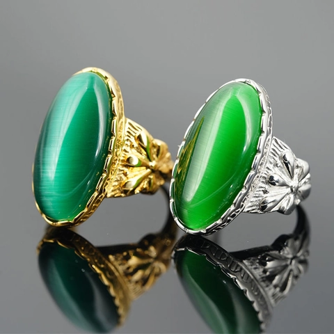 Anello Statement in Acciaio al Titanio Vintage con Pietra Occhio di Gatto Ovale e Rilievo Floreale per Uomo Donna Gioielli Retro