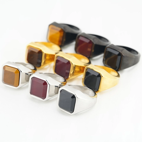 Herren Minimalistischer Titanstahl Siegelring Quadratisch Geschnittener Tigerauge Roter Stein Schwarzes Glas Eingelegter Fingerring Modeschmuck