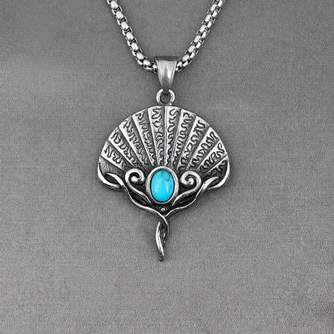 Vintage Fächerförmig Titanstahl Anhänger Halskette Künstlicher Türkis Ethnisch Bohemian Stil Schmuck Für Herren Damen