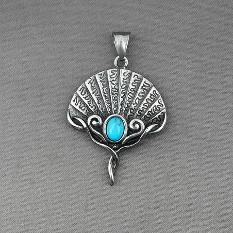 Vintage Fächerförmig Titanstahl Anhänger Halskette Künstlicher Türkis Ethnisch Bohemian Stil Schmuck Für Herren Damen