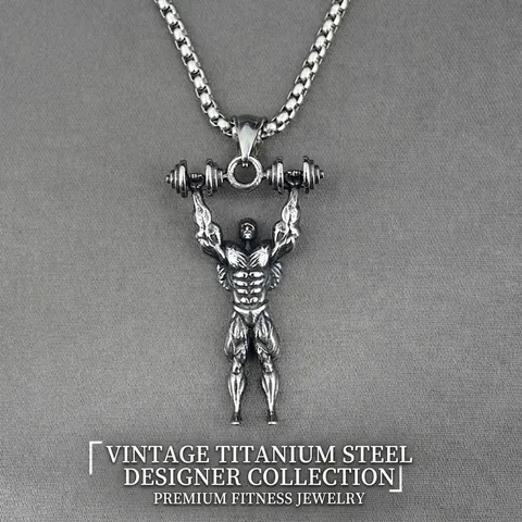 Men Vintage Titanium Steel Muscle Man Pendant Necklace Fitness Bodybuilder Dumbbell Gym Weightlifting Jewelry Boyfriend Gift