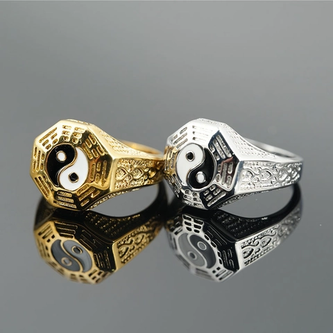 Retro Titanium Steel Bagua Tai Chi Ring For Men Women Vintage Octagonal Yin Yang Enamel Inlaid Finger Ring Jewelry Gift