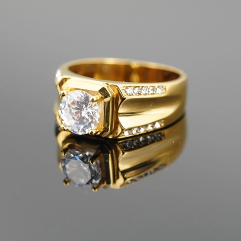 Luxury Titanium Steel Rhinestone Ring For Men Large Round Clear Stone Square Setting Wedding Band Jewelry Finger Ring Gift