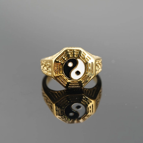 Retro Titanium Steel Bagua Tai Chi Ring For Men Women Vintage Octagonal Yin Yang Enamel Inlaid Finger Ring Jewelry Gift