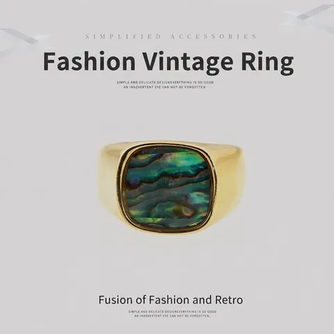 Anello a Sigillo Vintage in Acciaio al Titanio per Uomo Donna Placcato Oro Intarsio in Conchiglia di Abulone Gioielli Moda