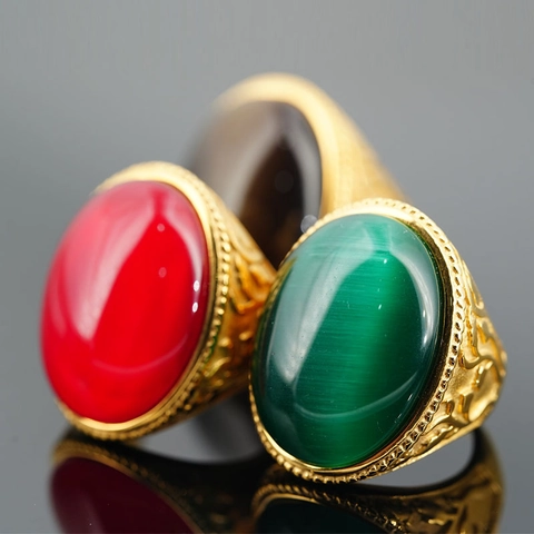 Anillo de Acero de Titanio Vintage Para Hombre Mujer Chapado en Oro Relieve Ovalado Rojo Verde Negro Piedra Preciosa Joyería