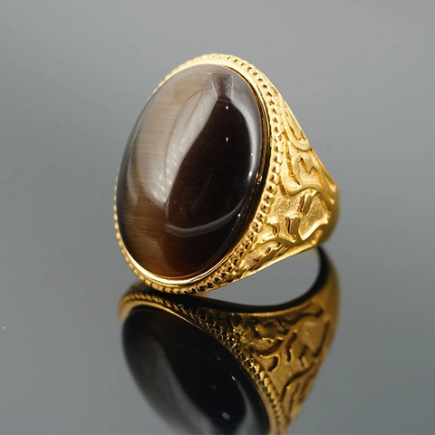 Anillo de Acero de Titanio Vintage Para Hombre Mujer Chapado en Oro Relieve Ovalado Rojo Verde Negro Piedra Preciosa Joyería
