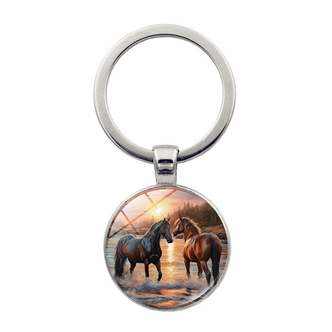 Porte-clés Artistique Cheval Coucher de Soleil Alliage de Zinc Cabochon en Verre Pendentif Bijoux Animaux pour Hommes Femmes