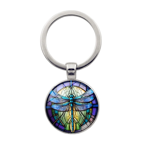 Libellenmuster Runder Glas-Cabochon Schlüsselanhänger Metall Schlüsselring Tasche Anhänger Auto Dekor Vintage Kunst Geschenk Damen