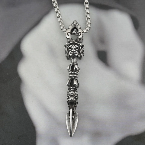 Vintage Roestvrij Staal Vajra Phurba Hanger Halsketting Drie Gezichten Godheid Gothic Religieuze Hip Hop Sieraden Voor Heren Dames