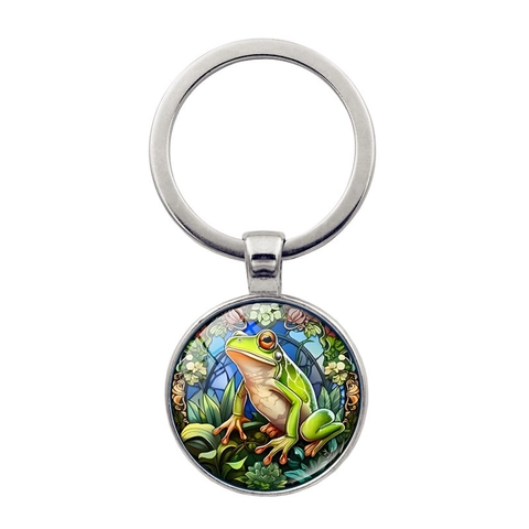 Portachiavi con Cabochon in Vetro a Forma di Rana Artistica Anello in Metallo Rotondo per Donna Uomo Ciondolo Borsa Lega di Zinco