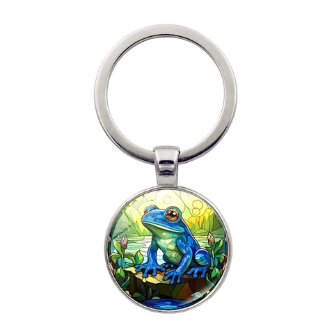 Portachiavi con Cabochon in Vetro a Forma di Rana Artistica Anello in Metallo Rotondo per Donna Uomo Ciondolo Borsa Lega di Zinco