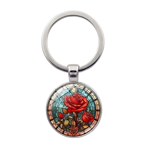 Künstlerisch Buntglas Blume Schlüsselanhänger Zinklegierung Rund Anhänger Schlüsselring Sonnenblume Rose Tulpe Für Tasche Auto Damen Geschenk