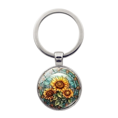 Künstlerisch Buntglas Blume Schlüsselanhänger Zinklegierung Rund Anhänger Schlüsselring Sonnenblume Rose Tulpe Für Tasche Auto Damen Geschenk
