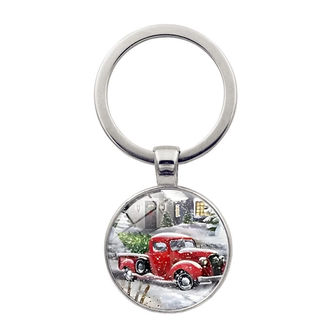 Retro Kerstmis Rode Vrachtwagen Legering Sleutelhanger Glas Hanger Winter Sneeuw Kerstboom Tas Ornament Voor Vrouwen Mannen Feestelijk Cadeau
