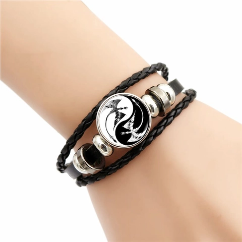 Yin Yang Dragon Pattern Multilayer Woven Leather Bracelet Retro Alloy Glass Tai Chi Charms Adjustable Wrap Jewelry Gift
