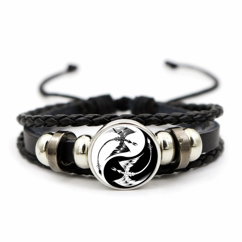 Yin Yang Dragon Pattern Multilayer Woven Leather Bracelet Retro Alloy Glass Tai Chi Charms Adjustable Wrap Jewelry Gift