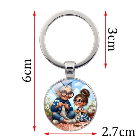 Llavero de Metal Gema del Tiempo Dibujos Animados Abuela y Nieta Tejiendo de Aleación de Zinc Colgante de Vidrio para Bolso Regalo Familiar