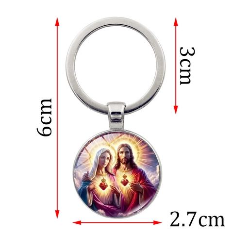 Vintage Heilig Hart Van Jezus Maria Metalen Sleutelhanger Religieuze Tijd Edelsteen Glas Cabochon Sleutelhanger Auto Tas Hanger Christelijk Cadeau